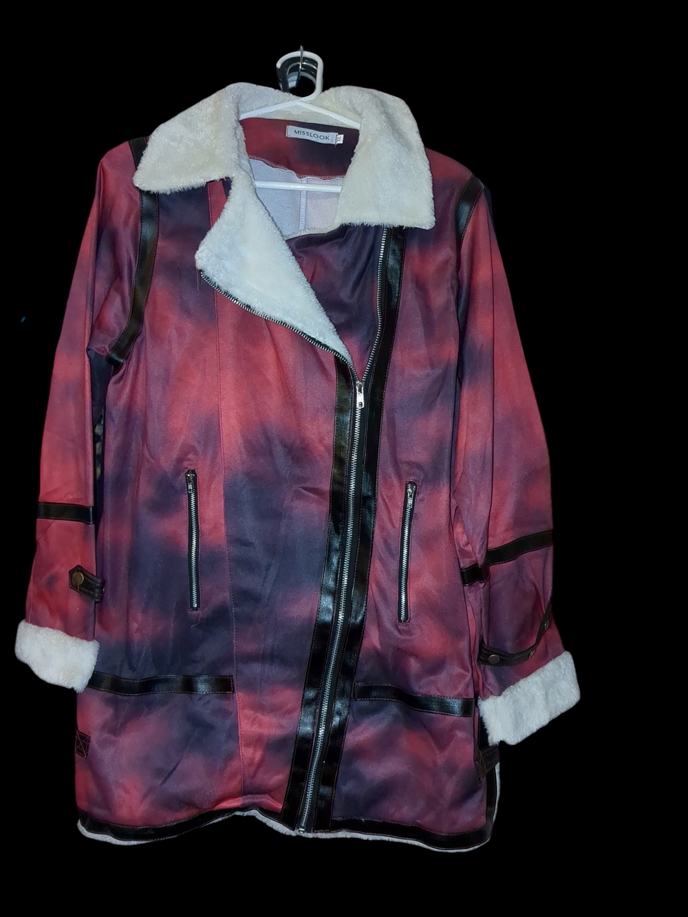 MISSLOOK Red and Black Ombre Faux-Shearling Moto Jacket Size XL